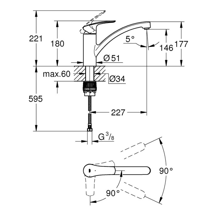 Dřezová baterie Grohe Eurosmart, výška 180mm, DN 15, obracana výtokové rameno 227mm, chrom