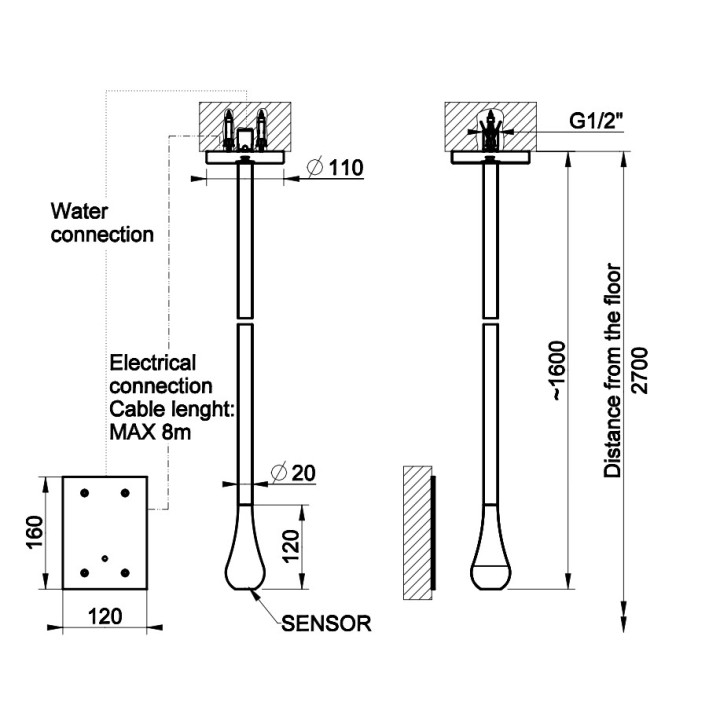 Vnějšia část baterii elektronicznej Gessi Goccia, výtokové rameno stropní, sterowanie pod umywalką, chrom