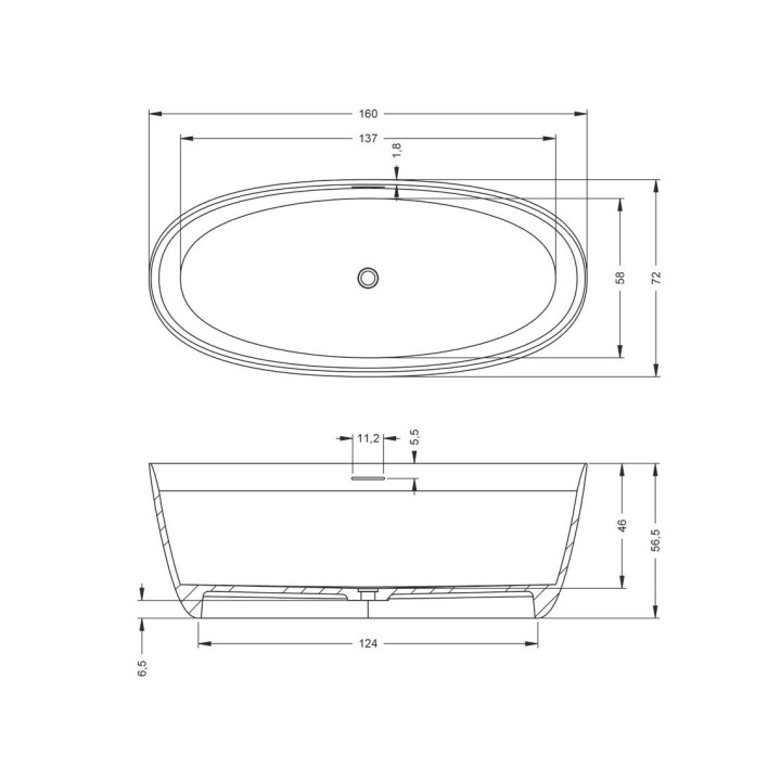 Vana volně stojící Riho Oval, 160x72cm, Solid Surface, bílá