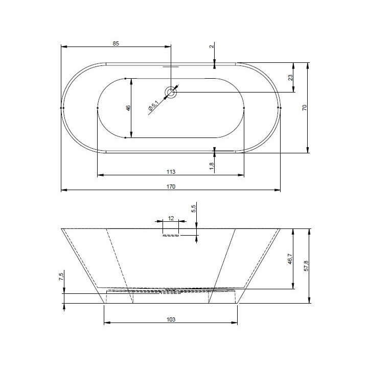 Vana Riho Barcelona Solid  Surface, 170x70