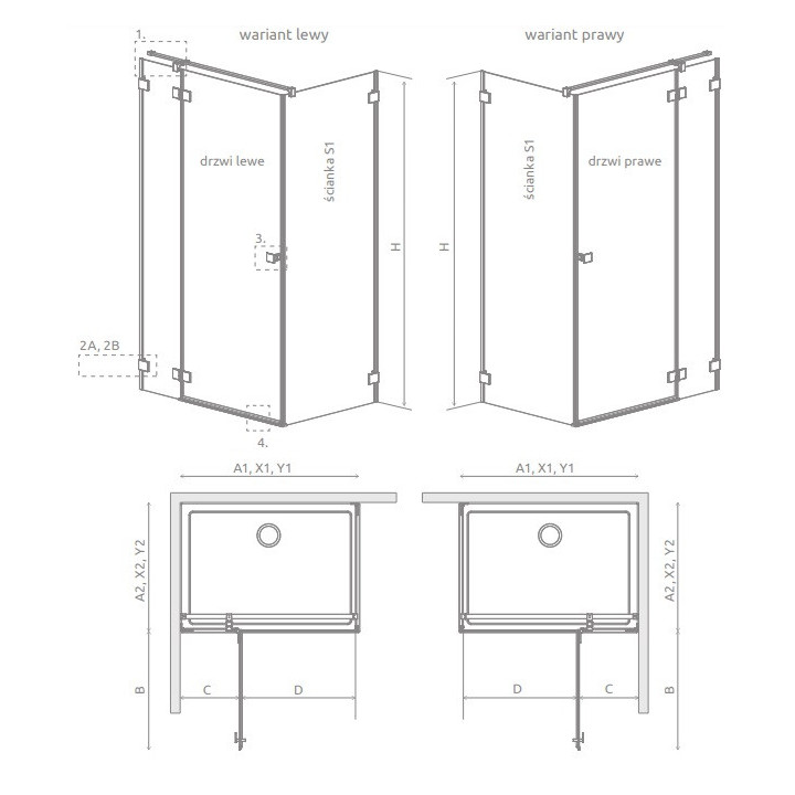Část pravá koutu Radaway Essenza Pro Black PDD, 1000x2000mm, sklo čiré, zlatá profil