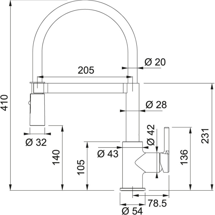 Dřezová baterie Franke Lina, stojící, výška 410mm, výsuvná sprcha s funkcí sprchy, šedá/chrom