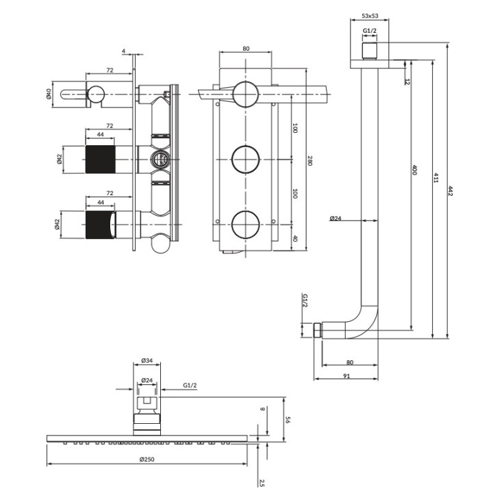 Termostatický system sprchový Omnires Contour, na stěnu, 2 wyjscia vody, horní sprcha kulatá 250mm, sluchátko 1-funkční, antraci