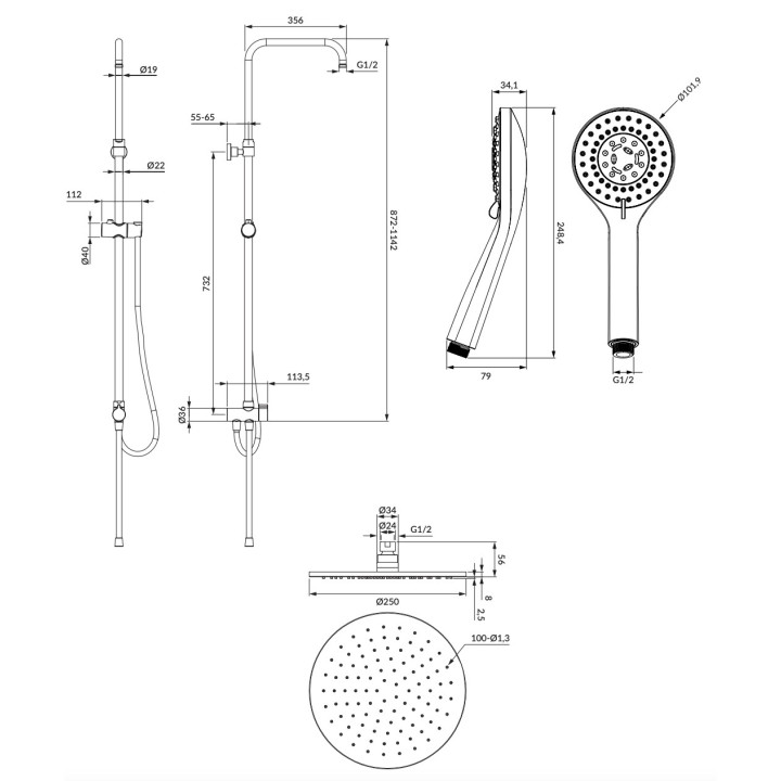 Sprchový set Omnires Yosemite, na stěnu, 2 výstupy vody, sluchátko 5-funkcyjna, horní sprcha kulatá 25cm, zlatá