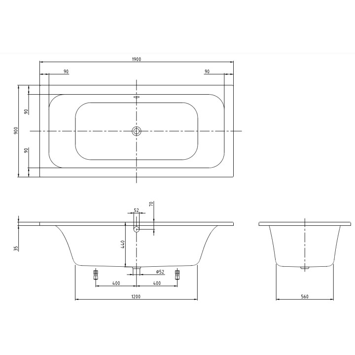 Vana obdélníková hydromasážní Villeroy & Boch Loop & Friends, 190x90cm, system Special Combipool Active, Weiss Alpin