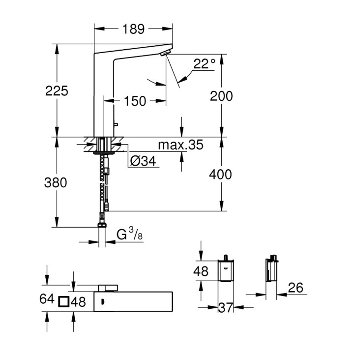 Elektronické umyvadlová baterie Grohe Eurocube E, stojící, výška 225mm, na infračervené paprsky, se směšovačem, baterie 6V, chro