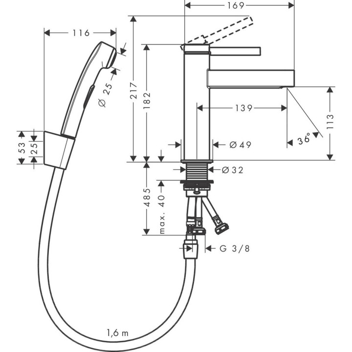 Umyvadlová baterie Hansgrohe Finoris, stojící, výška 182mm, z główką Bidette a hadicí 160cm, chrom