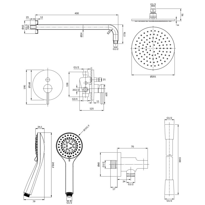 Termostatický sprchový set Omnires Y, podomítkový, 2 výstupy vody, horní sprcha 25cm, sluchátko 5-funkcyjna, černá matnáný