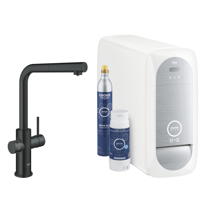 Souprava startowy Grohe Blue Home, jednostka chłodząca s baterií ve tvaru L, do vody gazowanej, obracana výtokové rameno, chrom 