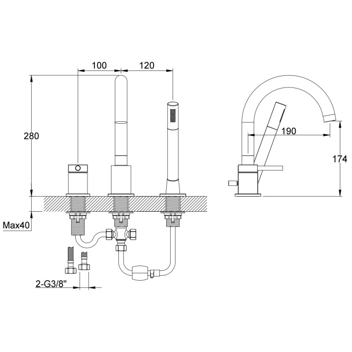 Vaňová baterie Kohlman Axel, nadomítková, výtokové rameno 205mm, 2 výstupy vody, chrom