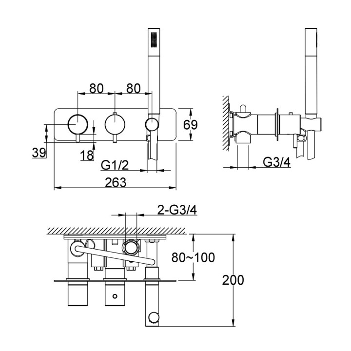 Termostatická vaňová baterie Kohlman Axel, nadomítková, výtokové rameno 208mm, 2 výstupy vody, chrom