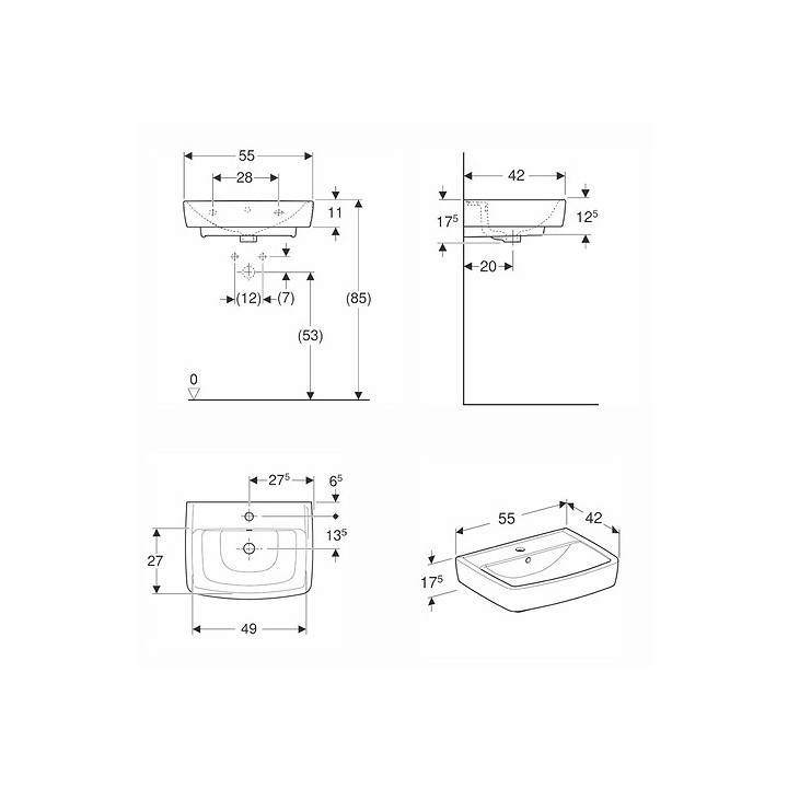 Umyvadlo nábytkové Kolo Rekord, 45x34cm, z přepadem, otvor na baterii, bílý