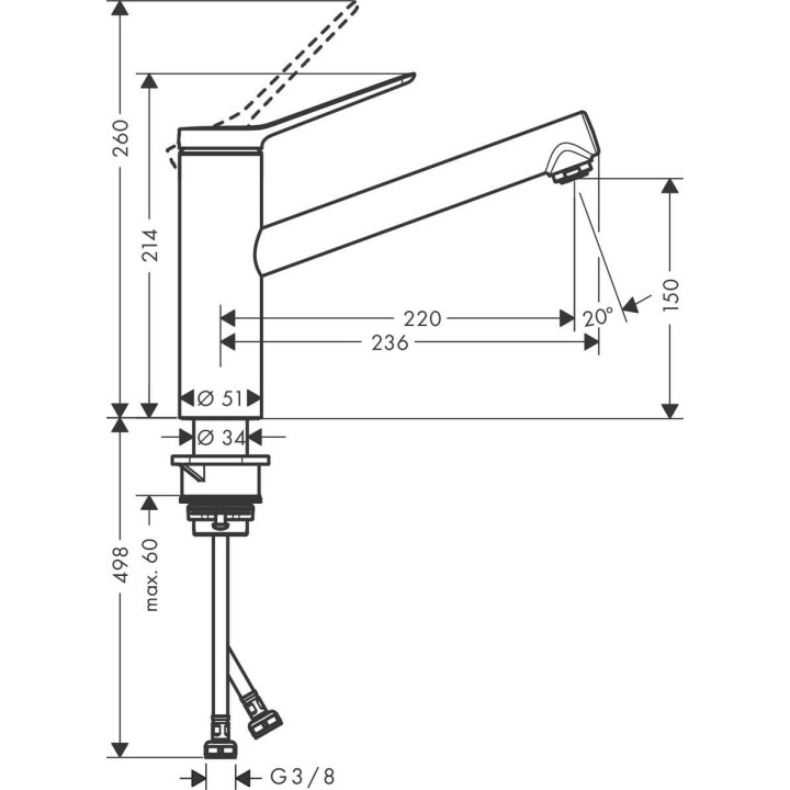 Dřezová baterie Hansgrohe Zesis M33 1jet Eco, stojící, výška 214mm, výtokové rameno 220mm, chrom