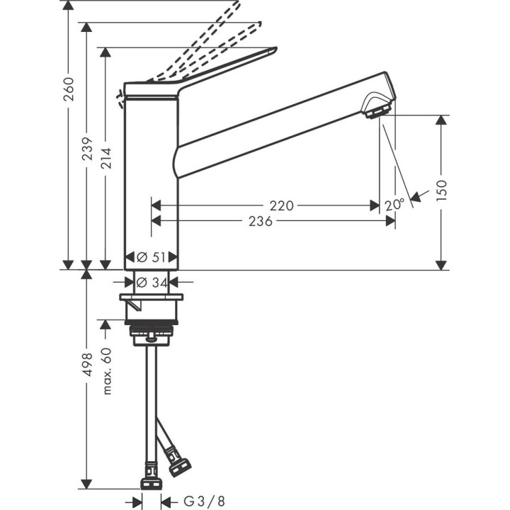 Dřezová baterie Hansgrohe Zesis M33 1jet Eco, stojící, výška 214mm, výtokové rameno 220mm, chrom