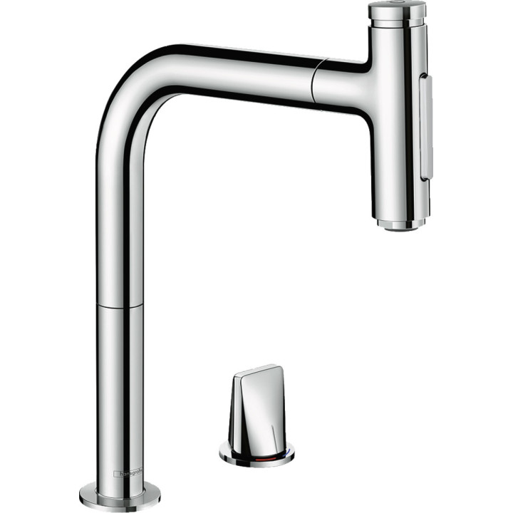 Dřezová baterie Hansgrohe Metris Select M71, 2otvorová, stojící, výška 320mm, výsuvná sprcha, ušlechtilá ocel 