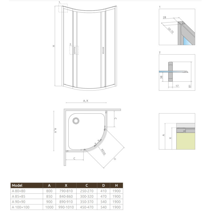 Čtvrtkruhový sprchový kout Radaway Premium A 1700, 90x90cm, rozsuwana, sklo fabric, profil chrom