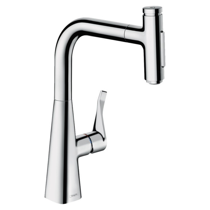Dřezová baterie Hansgrohe Metris Select M71, 2otvorová, páková, výsuvná sprcha, 2jet, sBox - chrom