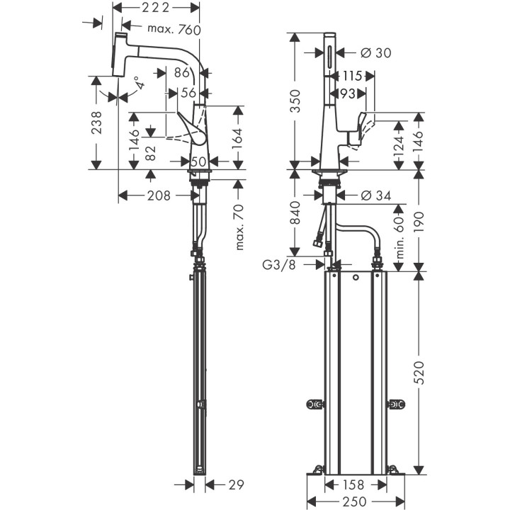 Dřezová baterie Hansgrohe Metris Select M71, 2otvorová, páková, výsuvná sprcha, 2jet, sBox - chrom