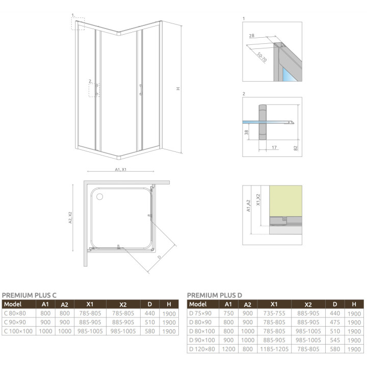 Čtvrtkruhový sprchový kout Radaway Premium A 1700, 90x90cm, rozsuwana, sklo fabric, profil chrom