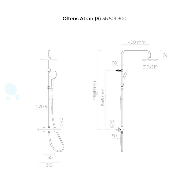 Sprchový set Oltens Atran s baterií termostatickou, kulatá horní sprcha, černá matnáný