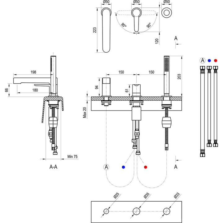 Vaňová baterie Ravak Puri, 3otvorová, stojící PU 026.00