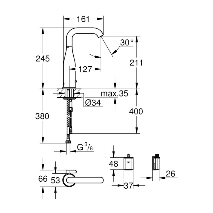 Elektronické umyvadlová baterie Grohe Essence E, výška 245mm, na infračervené paprsky, se směšovačem i regulovánou ogranicznikie