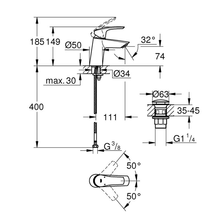 Umyvadlová baterie Grohe Eurosmart Professional, stojící, velikost S, zátka automatický, chrom