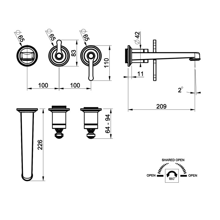 Vanová baterie 4otvorová Gessi Venti20, stojící, výtokové rameno 190mm, 2 výstupy vody, sprchový set, chrom