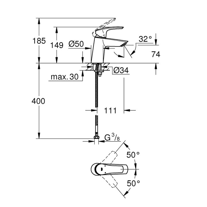 Umyvadlová baterie Grohe Eurosmart Professional, stojící, velikost S, zátka automatický, chrom