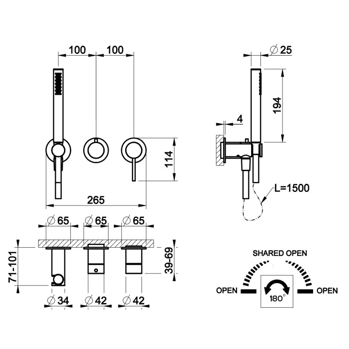 Baterie sprchová Gessi Shower316, podomítková, 2 výstupy vody, sprchový set, broušená ocel