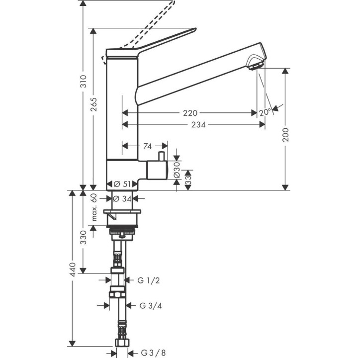 Dřezová baterie Hansgrohe Talis M54 220 1jet, stojící, obracana výtokové rameno, Ocel Ušlechtilá Finish