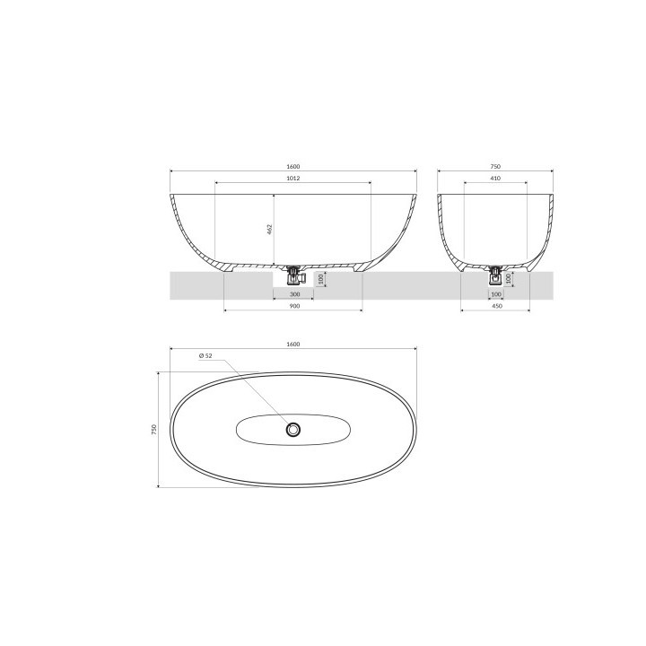 Vana volně stojící OMNIRES SHELL M+, 160 x 75 cm, se sifonem - black lava 