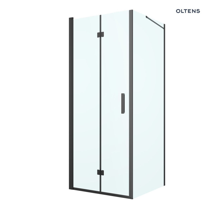 Oltens Hallan sprchový kout 80x80 cm čtvercová černá matnáný/sklo čiré dveře se stěnou
