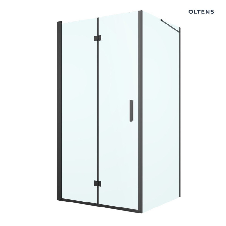 Oltens Hallan sprchový kout 100x90 cm protokątna černá matnáný/sklo čiré dveře se stěnou