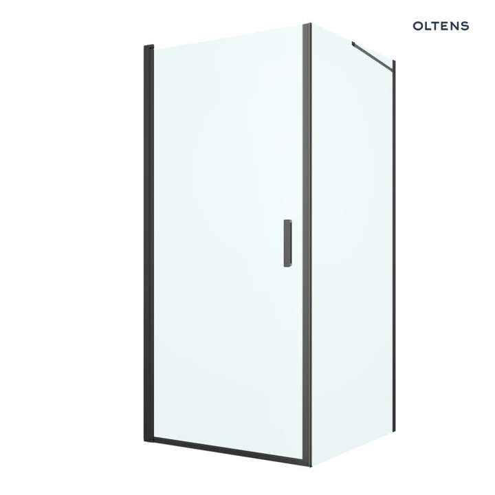 Oltens Rinnan sprchový kout 90x90 cm čtvercová černá matnáný/sklo čiré dveře se stěnou