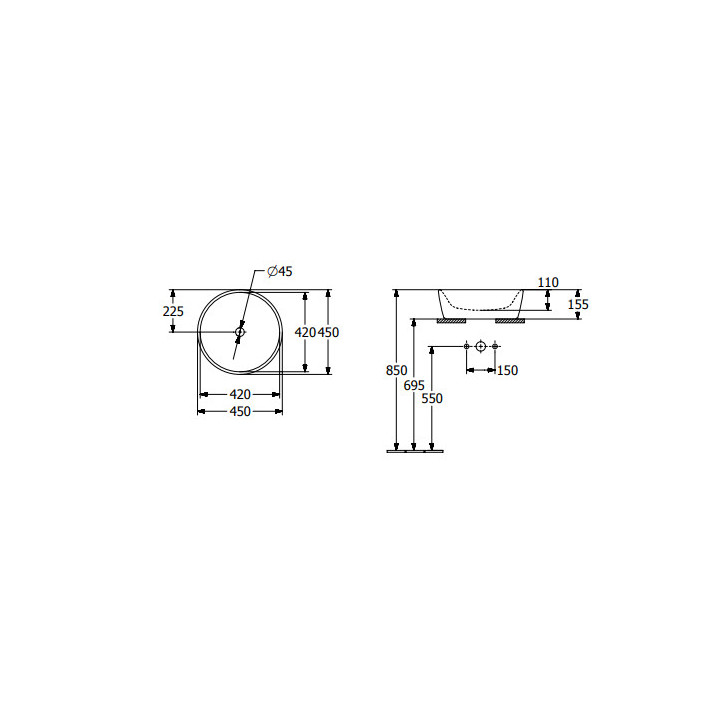 Architectura Umyvadlo na postavení na desku, 450 x 450 x 155 mm, Weiss Alpin, z přepadem