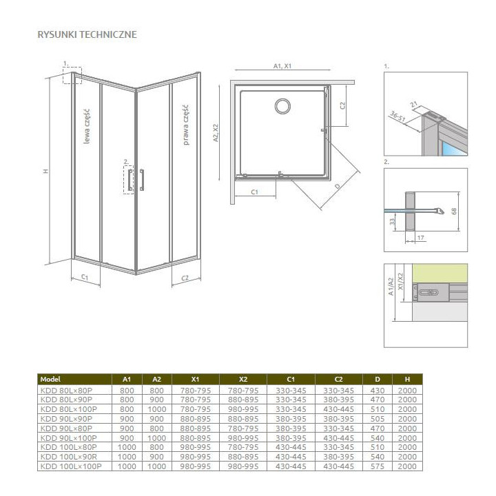 Část levá koutu Radaway Essenza Pro PDD, 800x2000mm, sklo čiré, profil chrom