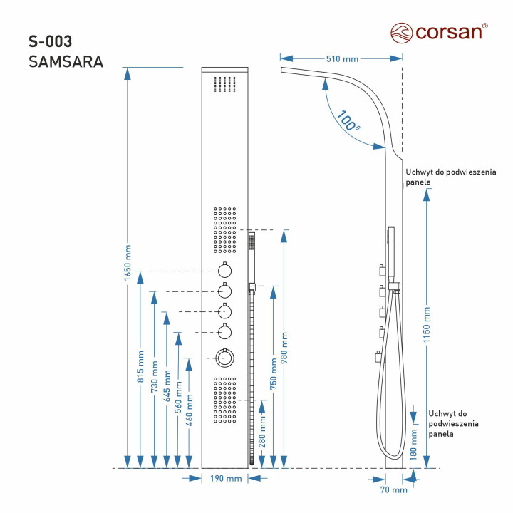 Panel sprchový Corsan Samsara černá s výtokovým ramenem