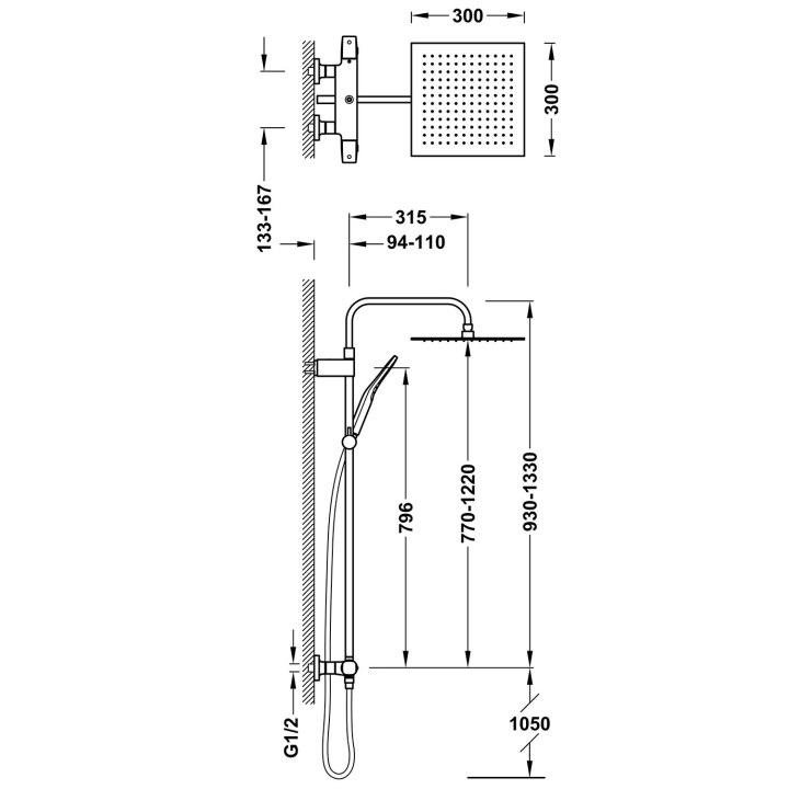 OVER-WALL Souprava termostatické batérie naściennej 2-drożnej prysznicowej, TRES STUDY - Ocel