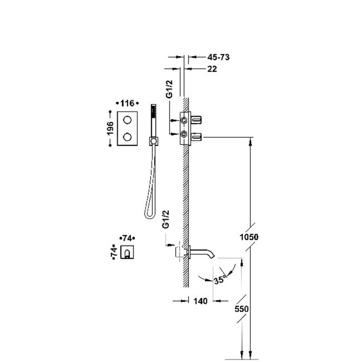 Souprava termostatické batérie podomítkové 2-drożnej Therm-box prysznicowej i vanové, TRES THERM-BOX - Chrom 