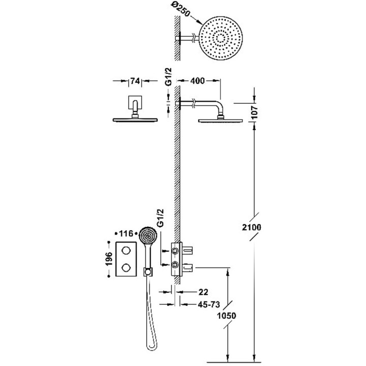 Souprava termostatické batérie podomítkové 2-drożnej Therm-box prysznicowej, TRES BASE PLUS - Chrom  