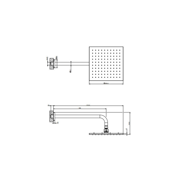 Horní sprcha Gessi Rilievo, čtvercová, 250x250mm, rameno nástěnné 389mm, chrom