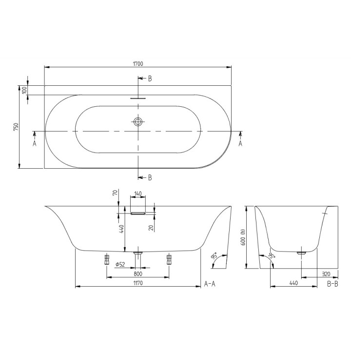 Vana přístěnná k montáži rohové z levé strány stronie OVAL, 1700 x 750 mm, Villeroy & Boch, Loop & Friends - Weiss Alpin