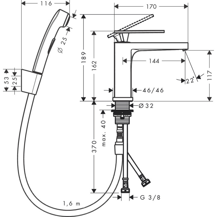 Páková umyvadlová baterie 110 z główką Bidetta a hadicí sprchovým 160 cm, Hansgrohe Tecturis E - Chrom 