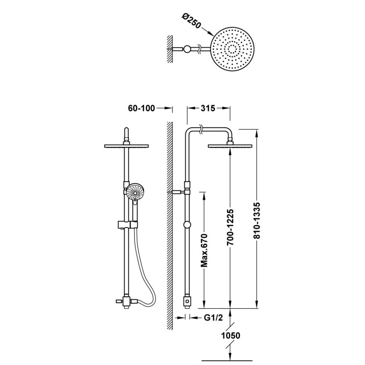 Souprava sprchová tyč bez baterii s propojením ve stěně a horní sprchou, Tres Complementos Ducha - Chrom