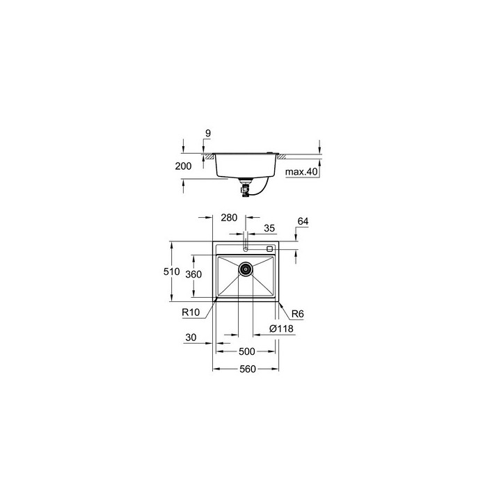 Dřez podblatowy Grohe K700U 60-C 53.3/45.7 1.0, kompozytowy, 533x457mm, černá žula