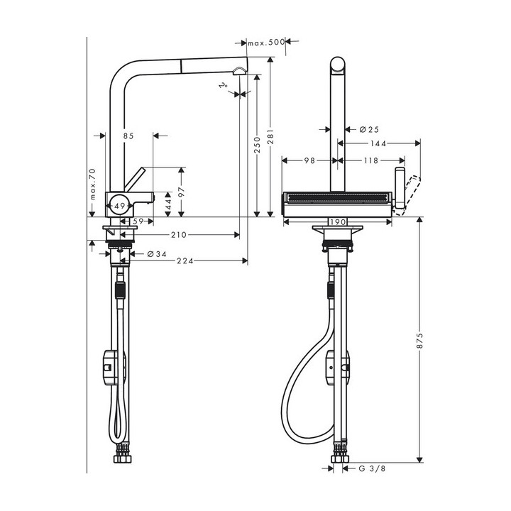 Páková dřezová baterie 250 Hansgrohe Aquno Select M81, výsuvná sprcha, 2jet, černá matnáný 