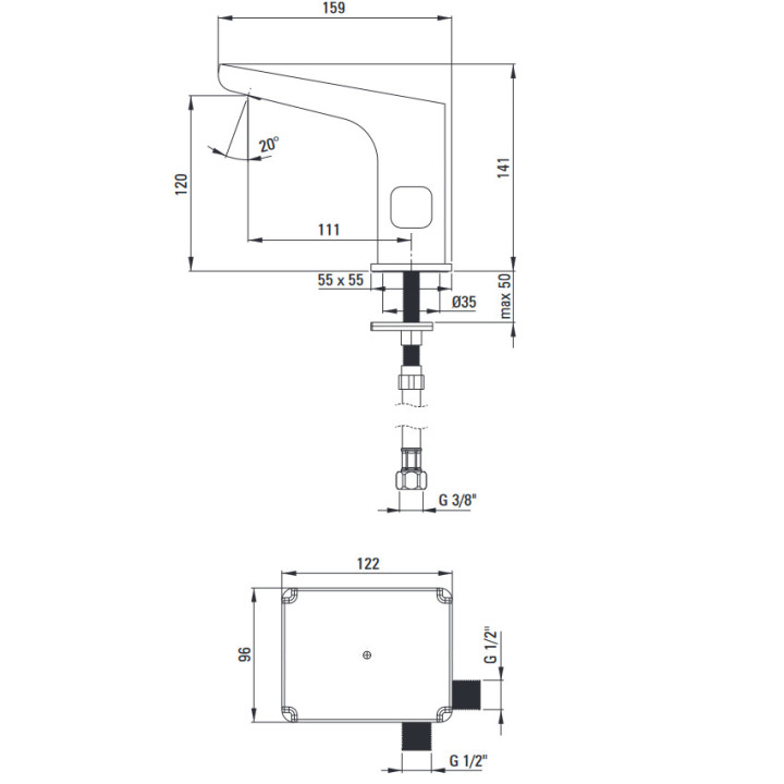 Bezkontaktní umyvadlová baterie bez regulacji temperatury - 230/6V, Deante Sensor, chrom