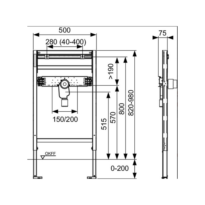 Modul podomítkový pro umyvadlo TECEprofil, výška 820-980mm, se sifonem