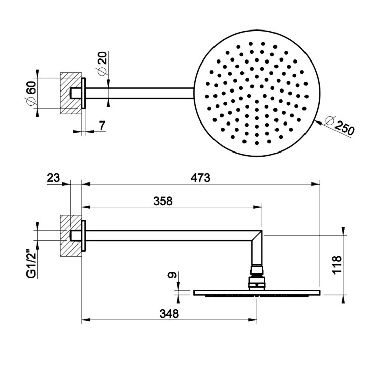 Horní sprcha Gessi Anello, kulatá, 218mm, regulowana, s ramenem nástěnným 343mm, chrom